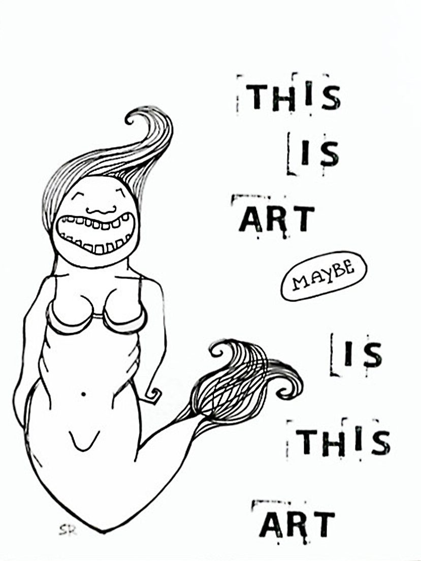 Mermaid mit lächelndem Gesicht, umgeben von kreativen Textfragmenten über Kunst.